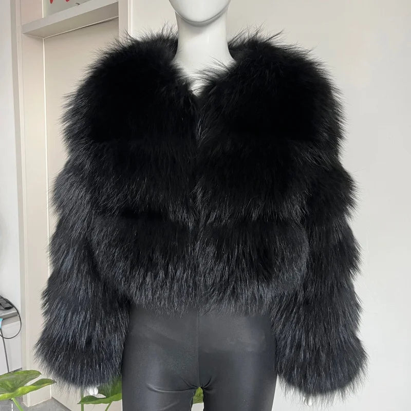 Women's Short Raccoon Fur Coat, Winter Jacket