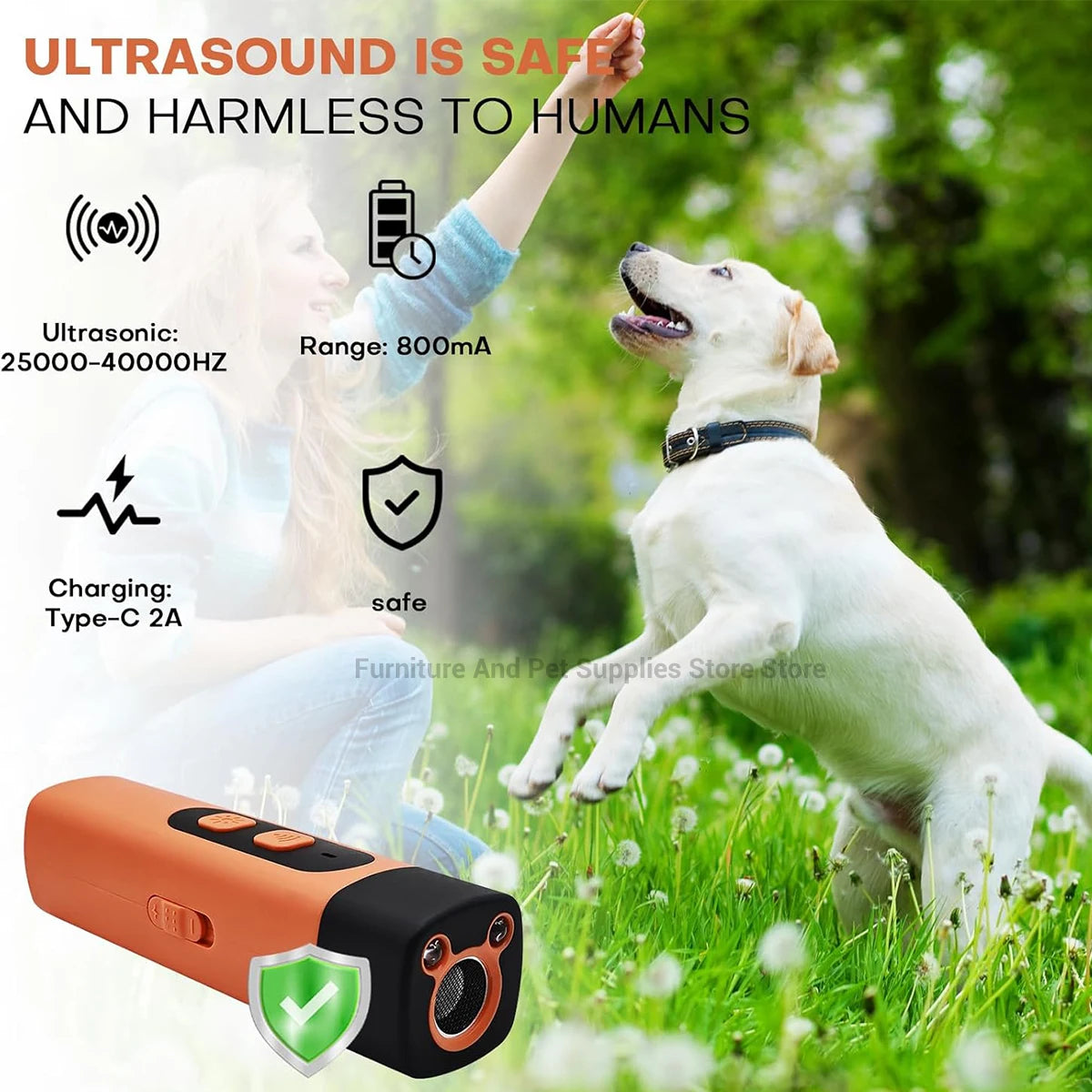 Rechargeable Ultrasonic Dog Repeller & Anti-Bark Deterrent – Dog Training Device with LED Flashlight | Orange
