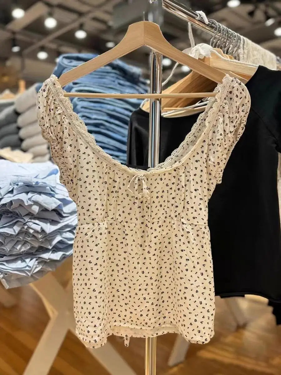 White Lace Tied Square Neck Summer T-shirts Chic Elegant Short Sleeve Tee Cotton Y2K Street Casual Bow Tie-up Top Women