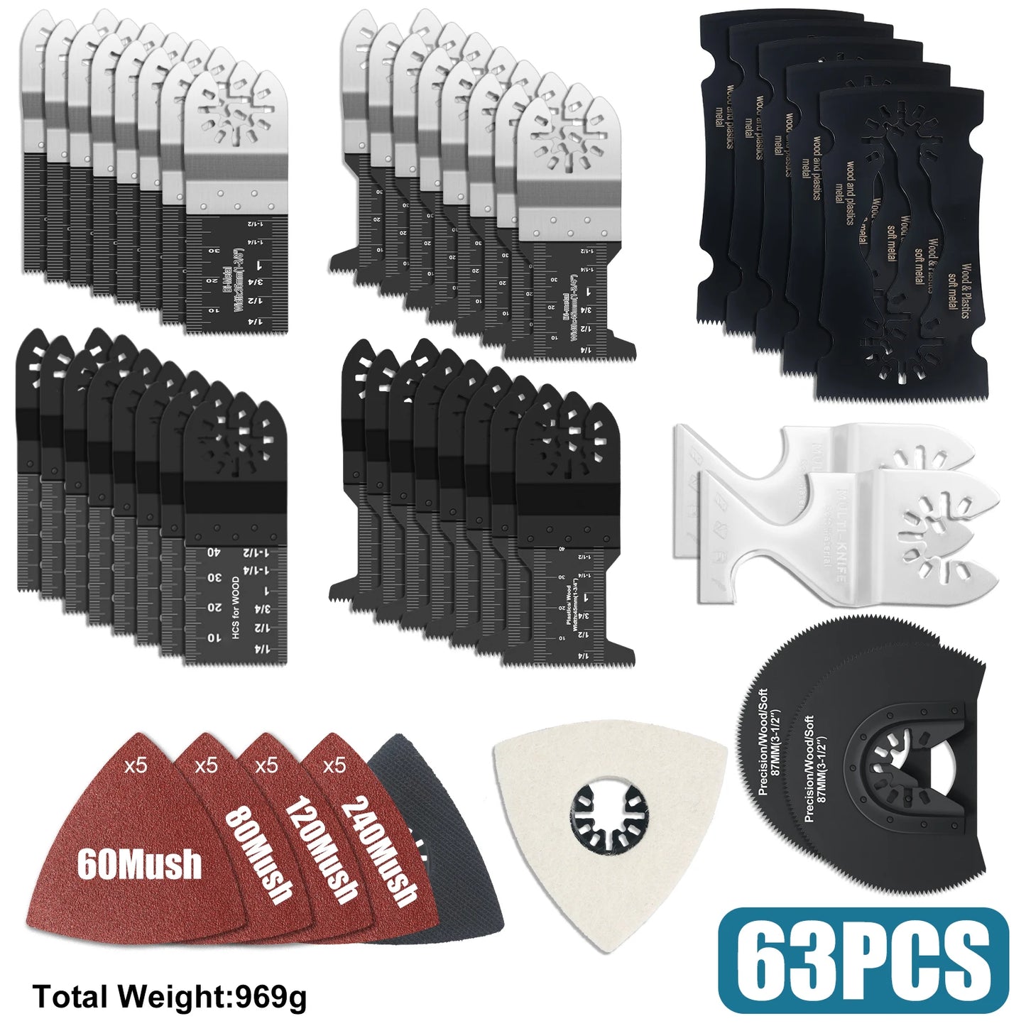 Japanese Tooth Carbide Oscillating Saw Blade Kit 10-39Pcs Arc Edge Oscillating Multitool Blades Precise Cut for Wood PVC Iron