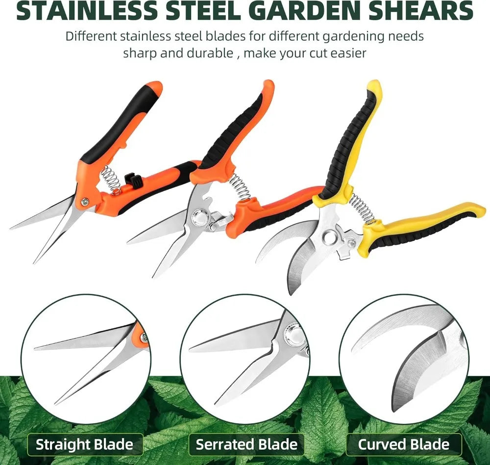 3PCS Gardening Scissors Set – Ergonomic Non-Slip Bypass Pruning Shears with Safety Lock | Beginner Garden Kit