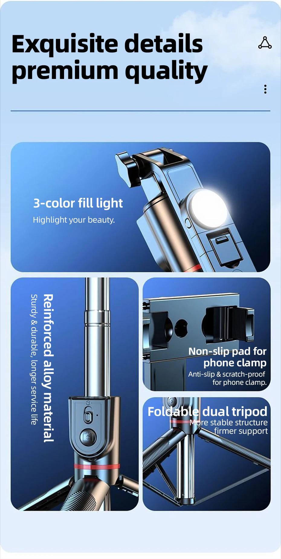 Retractable Selfie Stick 70-Inch And Tripod  Dual Handheld And Freestanding Design Wireless Remote Shutter 360 Degree Rotation And Multi-Angle Adjustment Stable