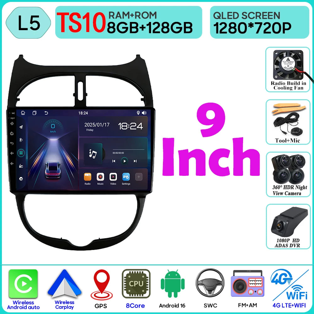 Android 16 Car Radio For Peugeot 206 206CC 1998-2012 Car Stereo Bluetooth 4G Wifi GPS Navigation Screen Wireless Carplay Monitor