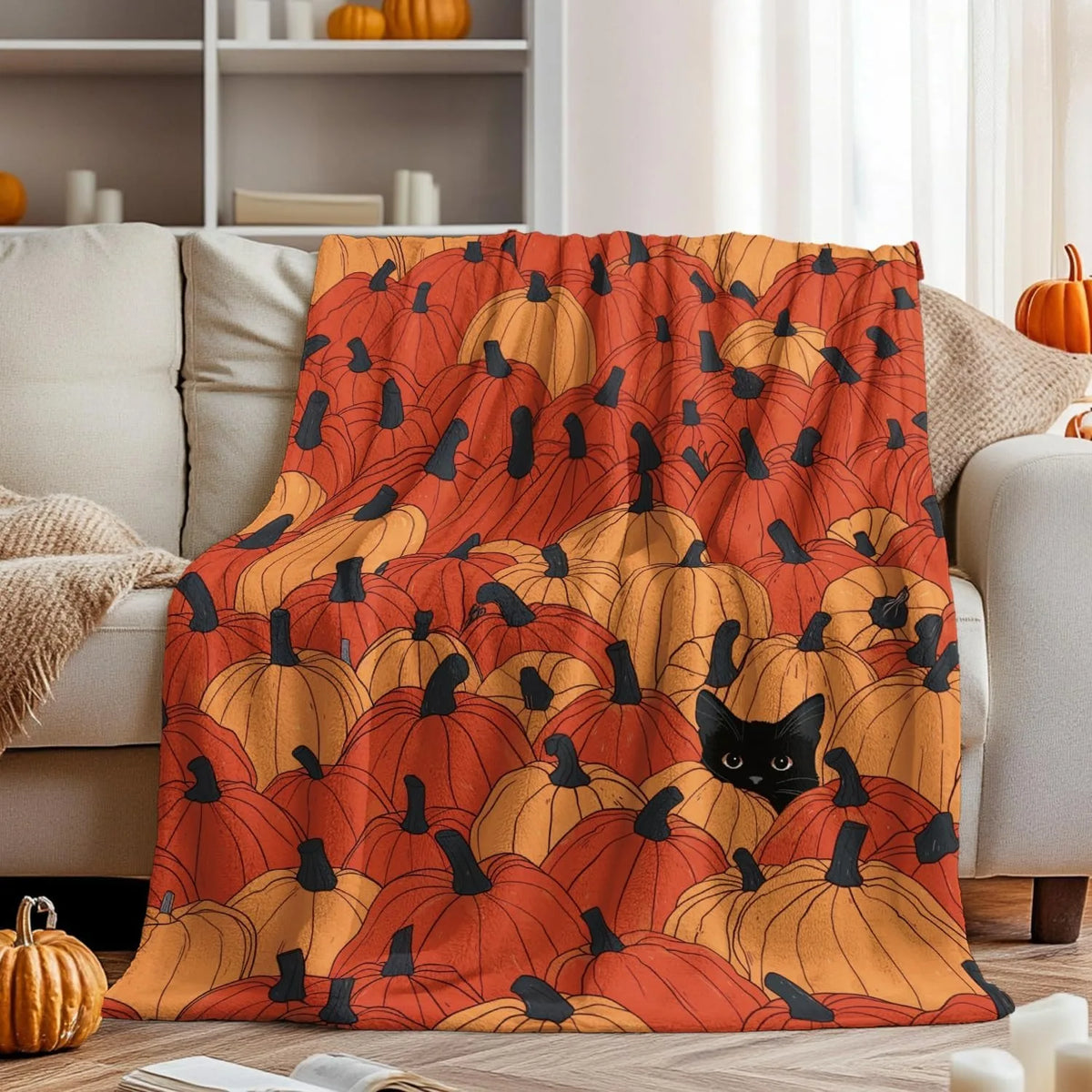 Halloween Pumpkin and Black Cat Flannel Blanket