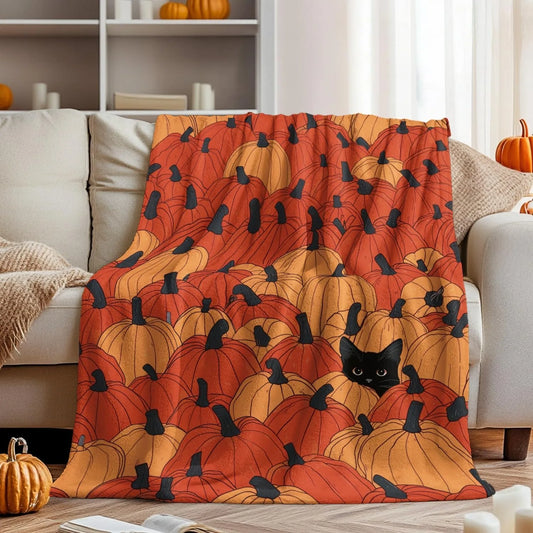 Halloween Pumpkin and Black Cat Flannel Blanket
