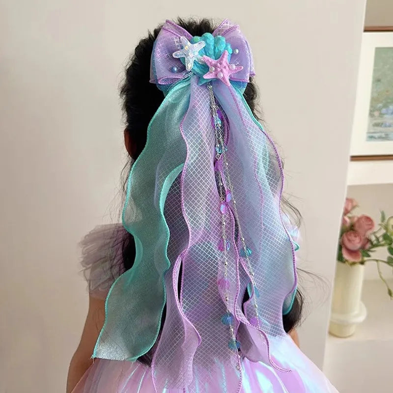 Mermaid Long Ribbon Pearl Hair Clip for Kids Cute Daily Wear Ponytail Clip Fashion Girl Photograph Haripin Hair Accessories