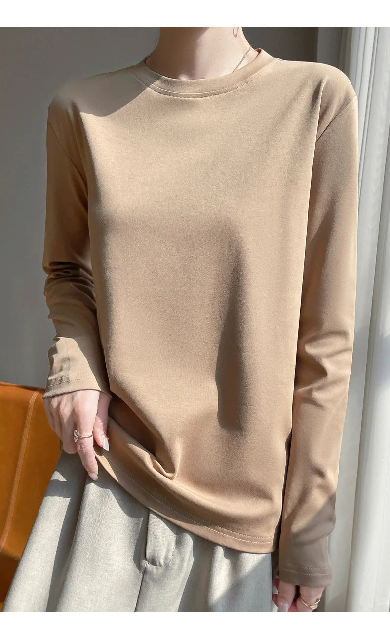 Spring And Summer New Mercerized Cotton Long Sleeve T-shirt Women's Round Neck Loose 100% Cotton Bottoming T-shirt