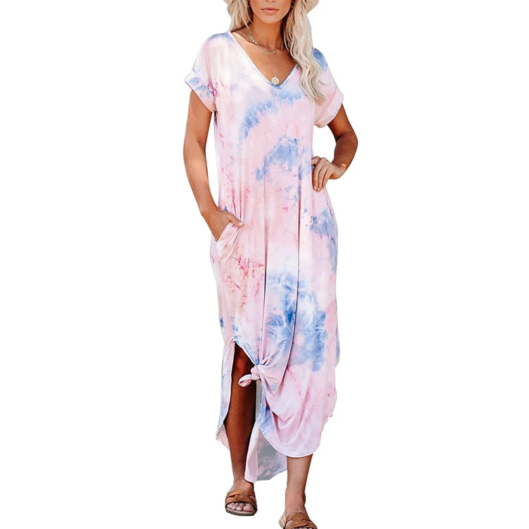 Women's Short Sleeve V-Neck Tie Dye Maxi Dress, Gradient Color Casual Loose Dress with Pockets & Side Slit, Perfect for Beach