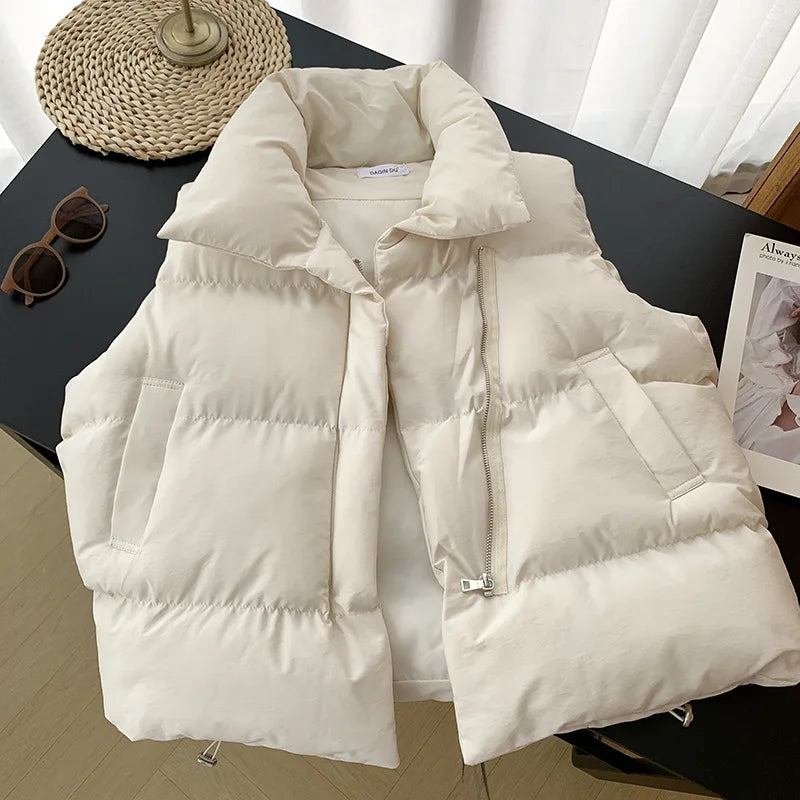 Women's Stand Collar Puffer Vest - Belted Sleeveless Winter Jacket - photo 6