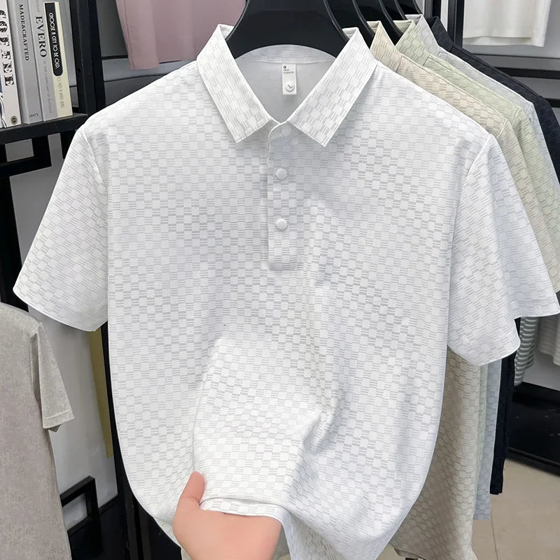 Men's Hollow-Grid Polo - Lapel Three-Button, Breathable Stretch
