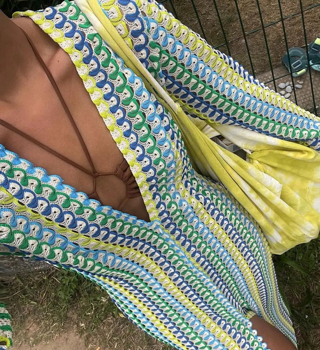 Crochet Colorful Stripe Flare Sleeve Maxi Dress Women V-neck High Split Sexy Lace Long Dresses 2026 New Beach Banquet Vestidos