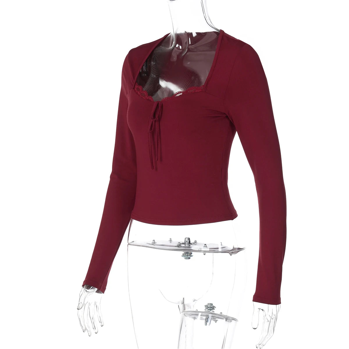 Hugcitar Women's Elegant Lace Bandage Crop T-Shirt – Long Sleeve Slim Party Festival Top