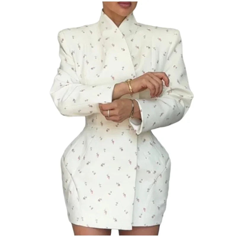 Women Cross Collar Floral Jacket Coats Stand Neck Waist Cinching Single Breasted Pad Shoulder Coats Lady Spring Chic Outwear Top