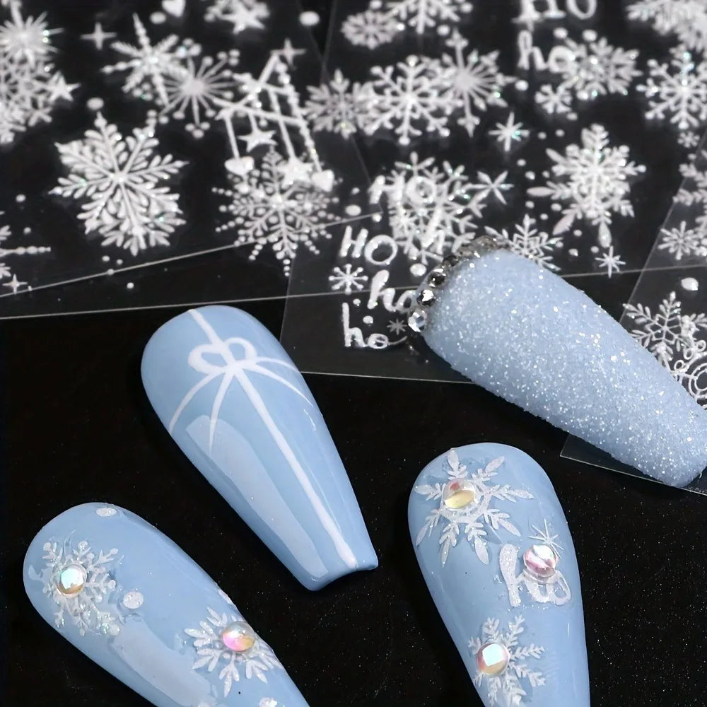 2PCS Christmas white snowflake nail stickers, easy to apply for nail decoration DIY, gifts, party and wedding makeup styling