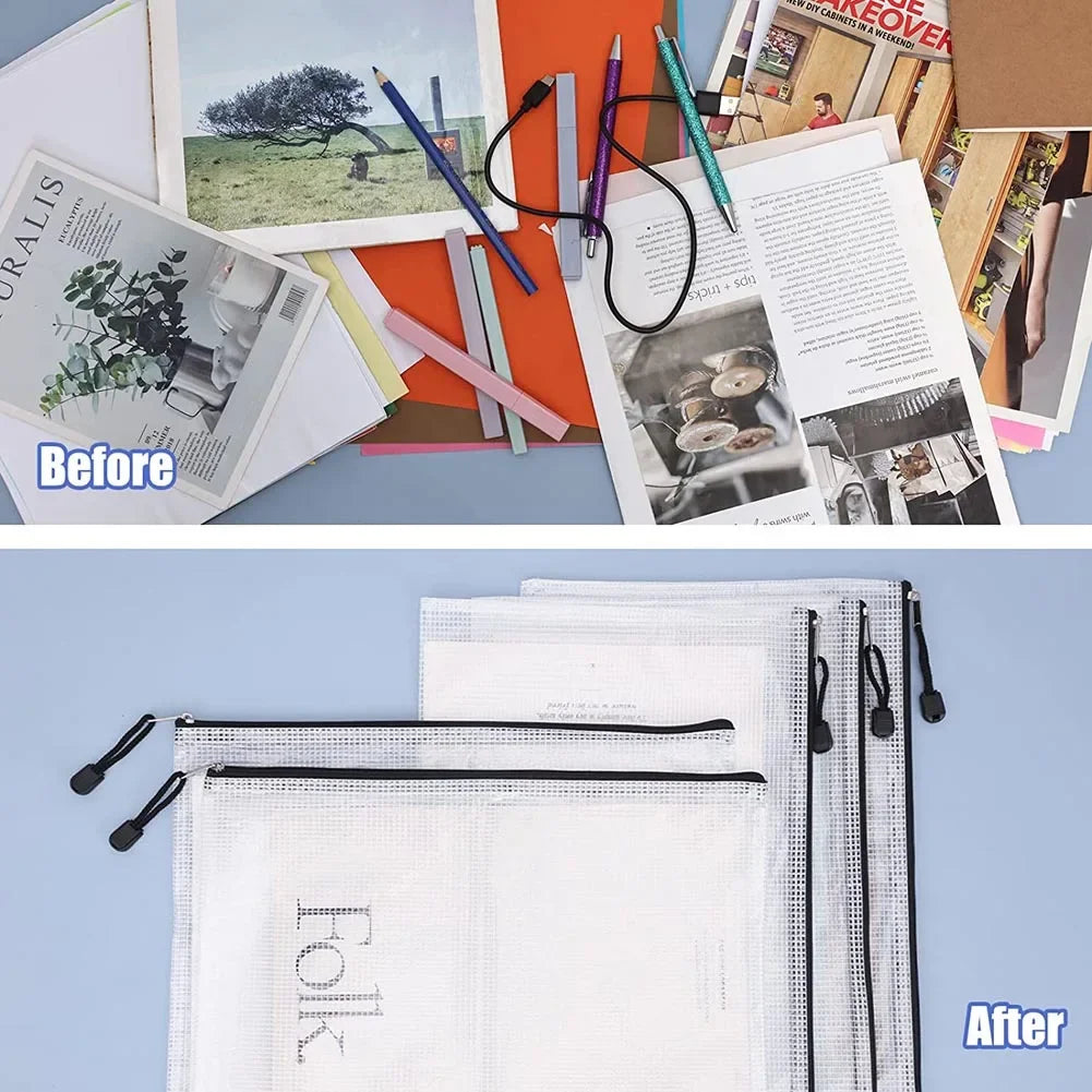 1/3pcs PVC transparent waterproof mesh zipper file bag Mesh zipper archive bag Storage office supplies Household storage bag