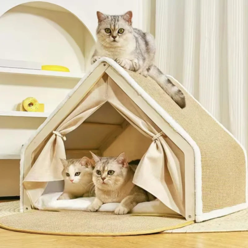 Cat Tent Villa Pet Bed Cozy Half-Enclosed Wooden Cat Bed All-Season Dual-Use Durable No Scraps Drop Cat House for Cats Kittens