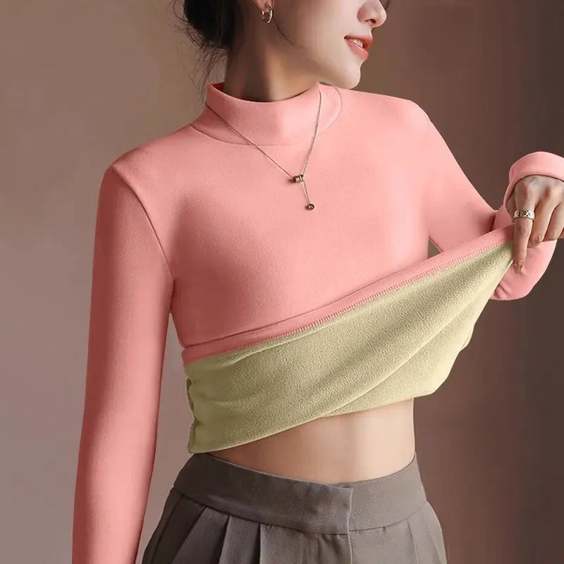 Women's Sweater Autumn Winter Retro with Velvet Lining Thickened Inner Wear Thermal Clothes Long-sleeved T-shirt Bottoming Shirt