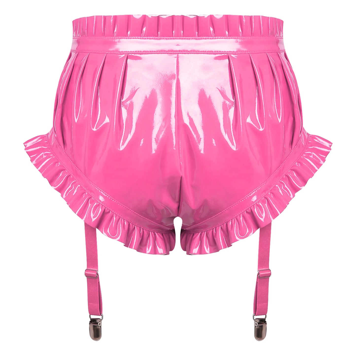 Womens Wet Look Lingerie Latex Shorts Patent Leather Ruffle Trim with Garter Clips Ruched Bloomer Shorts Glossy Rave Clubwear