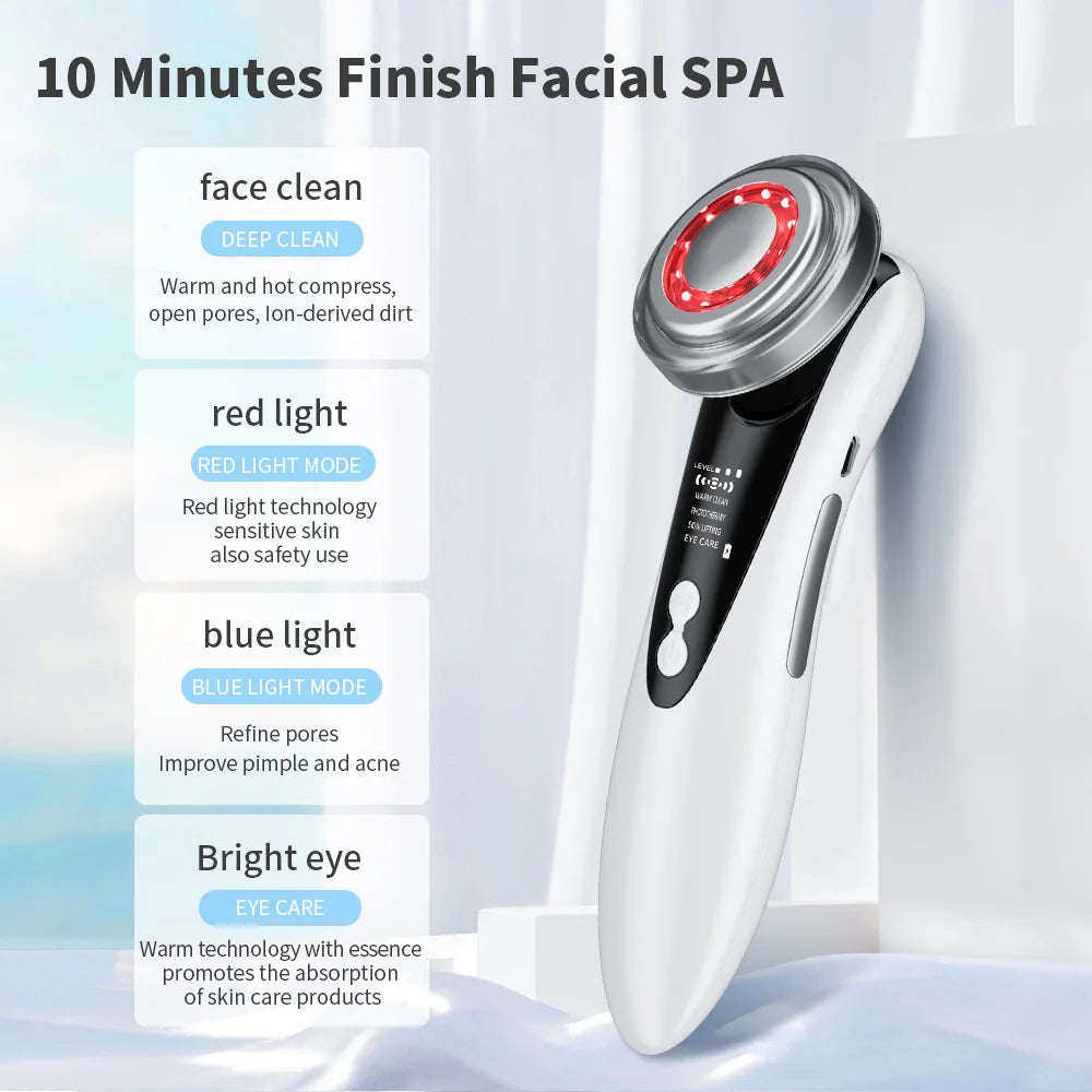 7 in 1 EMS Facial Massager Face Beauty Instrument with Induced Vibration and Hot Compress Face Skin Care Tool LED Light Therapy , Women