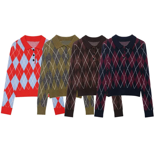 Women's Diamond-Knit Long Sleeve Pullover Sweater