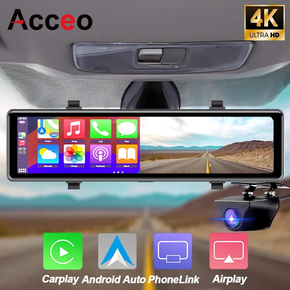 Acceo 4K WIFI Dashcam RearView Mirror DVR Support Rear View Camera Wireless Carplay Android Auto Video Recorder Camera Black Box