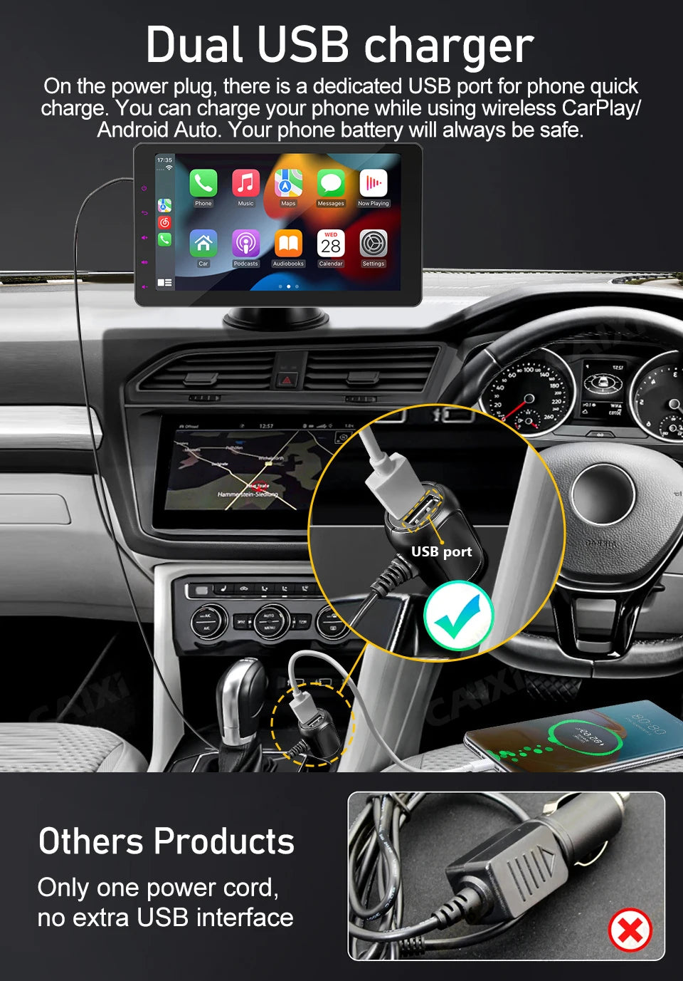 CAIXI Portable Wireless CarPlay & Android Auto Touchscreen — Dash-Mount Car Stereo Display