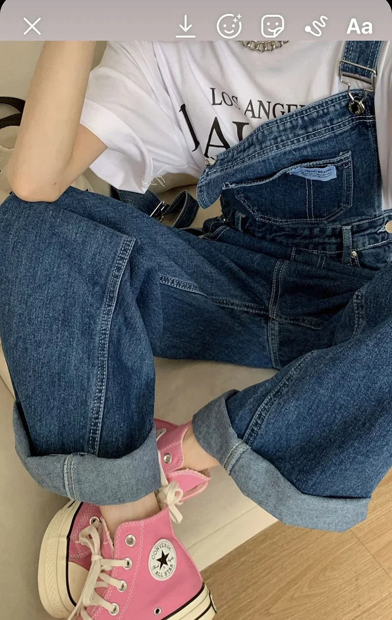 New Summer Fashion Denim Jumpsuits for Women Wide Leg Jeans Overalls Korean Baggy Suspender Pants Korean Streetwear Trousers