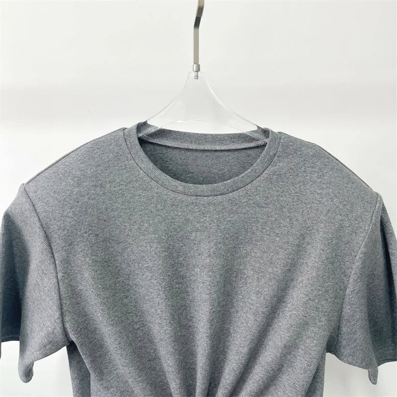 Women's t-shirt 2026 summer New elastic knitted short sleeved top 3D flower decorated round neck pullover pure cotton crop top