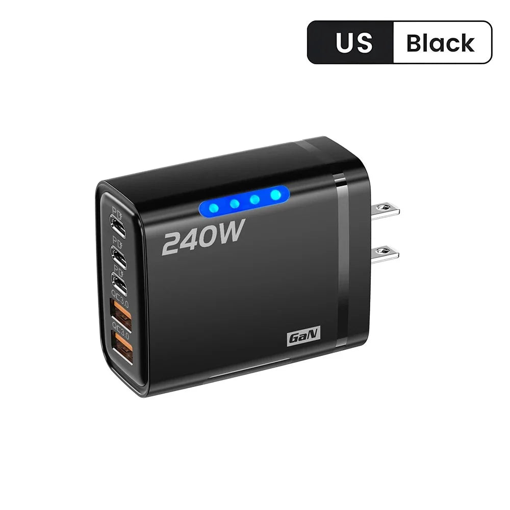 240W 5 in 1 USB C GaN Desktop Charger Fast Charge Phone Adapter 10A Type C Cable For iPhone Samsung Xiaomi EU/US/UK Plug Charger