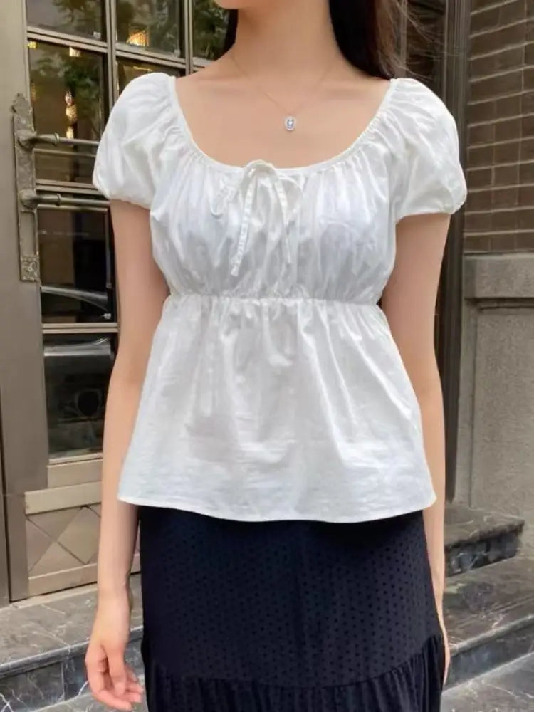 White Lace Tied Square Neck Summer T-shirts Chic Elegant Short Sleeve Tee Cotton Y2K Street Casual Bow Tie-up Top Women