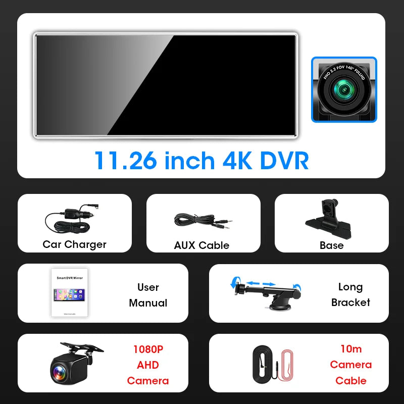 11.26 inch 4K Dash Cam Wireless Carplay Android Auto Fashionable Silver Border Car DVR GPS Navigation Video Recorder Dashboard