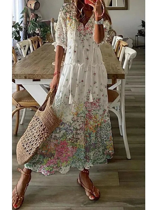 Women's Boho Maxi Dress – Casual V-Neck Drawstring Long-Sleeve Printed Bohemian Dress