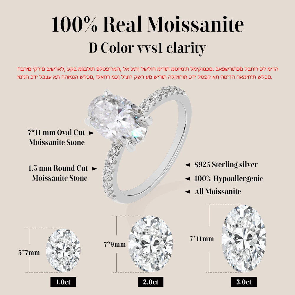 ATTAGEMS Oval Cut 3.0CT All Moissanite Rings forWomen 925 Sterling Silver Gold Plated Engagement Ring Fine Jewelry Drop Shipping