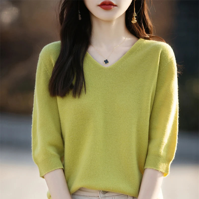 RONGYI Spring/Summer 2026 Ladies Sweater Pullover Solid Color V-neck Half-sleeved Knitted Cashmere Sweater Thin Casual Top