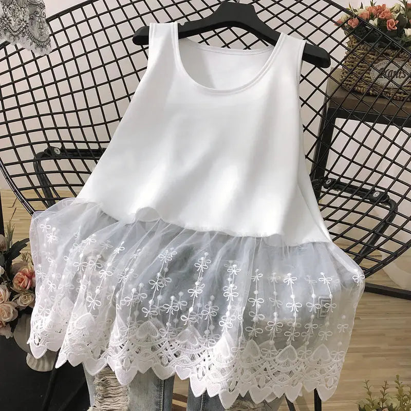 Solid Tanks Women Bow Pattern Hollow Out Lace Patchwork O-neck Simple All-match Summer Korean Style Loose Fashion Leisure Thin
