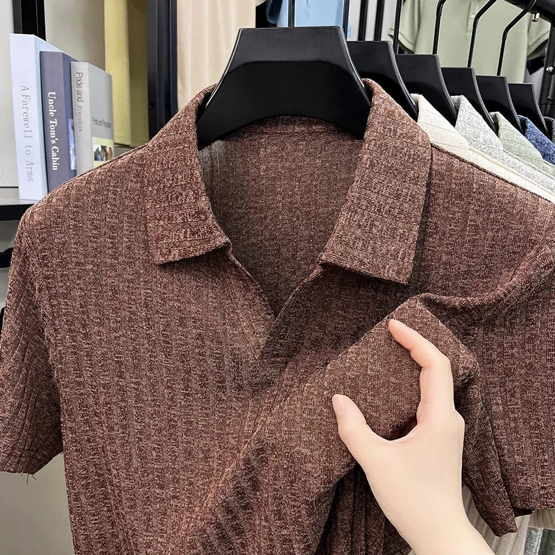 Men's Ribbed Knit Polo - Vertical Stripe, Breathable Business