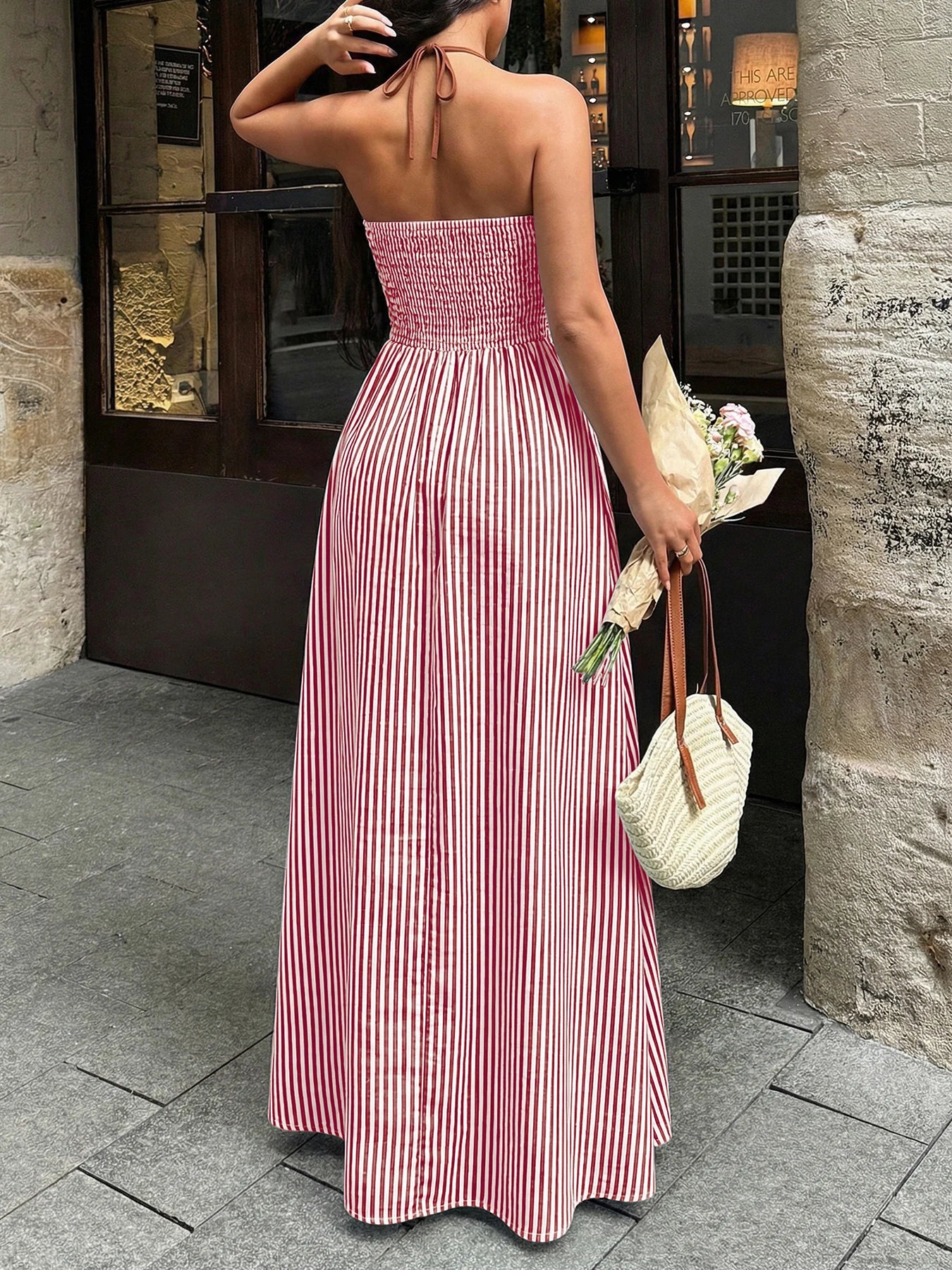 2026 Summer New Style Deep V-neck Striped Beach Dress, Sexy Backless Sleeveless Neckline Long Dress