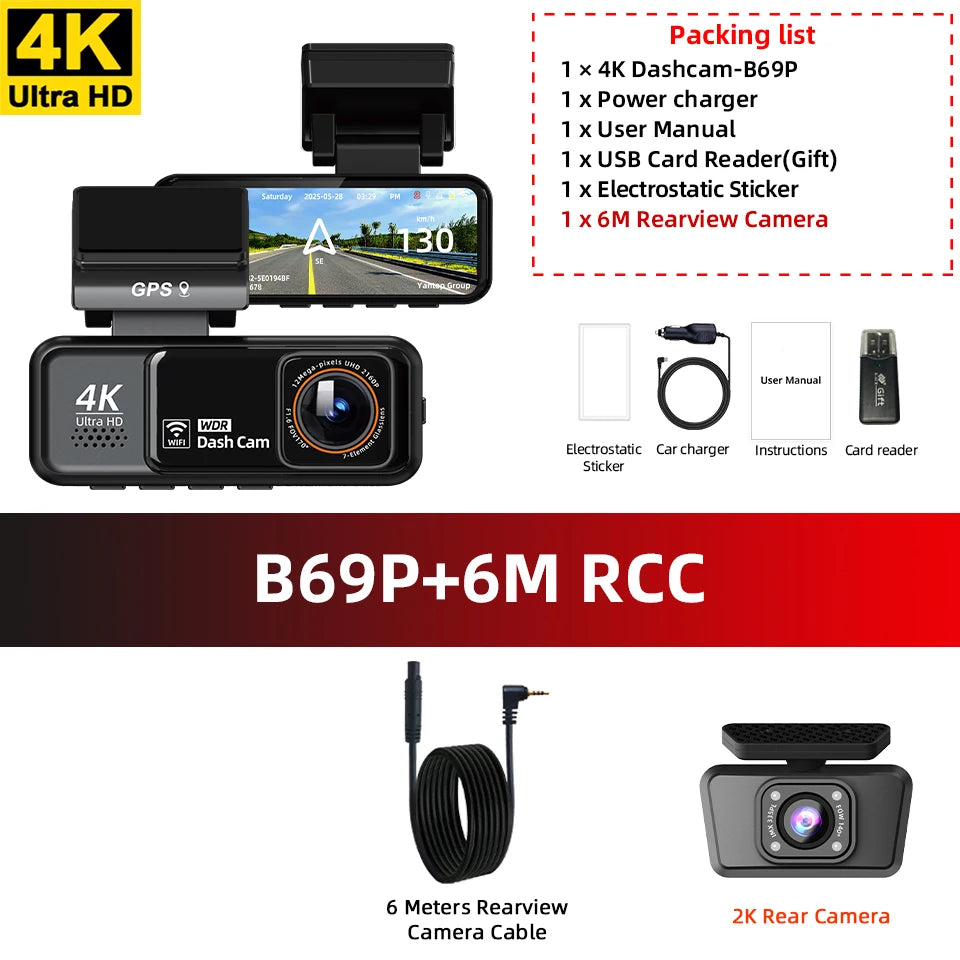 Acceo 4K Dashcam WIFI GPS CAR Video Recorder Dual Lens Support 2.5K Rear Camera Night Vision 24H Parking Monitoring Black Box