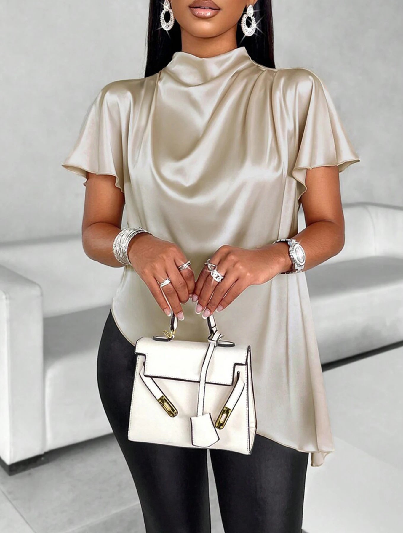 Women's Solid Color Satin Shirt 2025 Spring/Summer Foreign Trade Asymmetric Hem Blouse Top