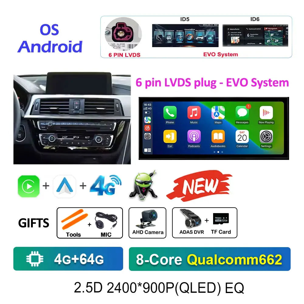 12.3" Android CarPlay Screen for BMW 3/4 Series F30 F31 F32 F33 F34 F36 (2013–2019) NBT/EVO — Android Auto, GPS, 4G