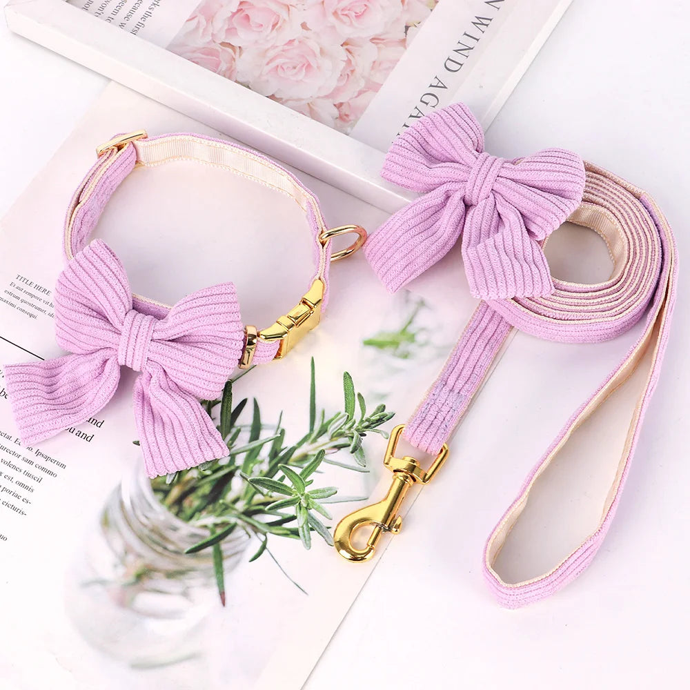 Velvet Bow Dog Collar & Leash Set - Soft Puppy Walking Set - photo 7