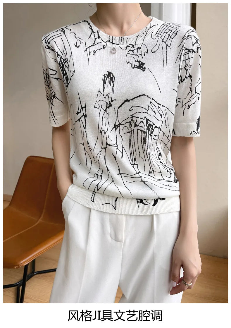 Summer Women's Thin Section Graffiti Digital Jacquard Round Neck Fine Imitation Wool Knitted Short-sleeved T-shirt  Pullover Top