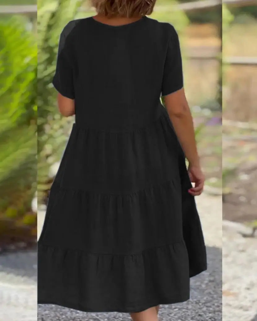 Cotton Linen Casual Women's Dresses 2026 Spring/Summer Sweet  Short Sleeve Solid V-neck Large Swing Loose Dress  S-5XL