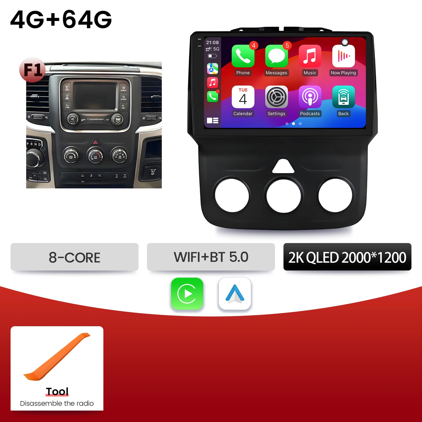9"  Car Radio For Dodge RAM 1500 2500 2013-2019 Android 16 Wireless BT Carplay Multimedia Navigation Touch 2K QLED Screen