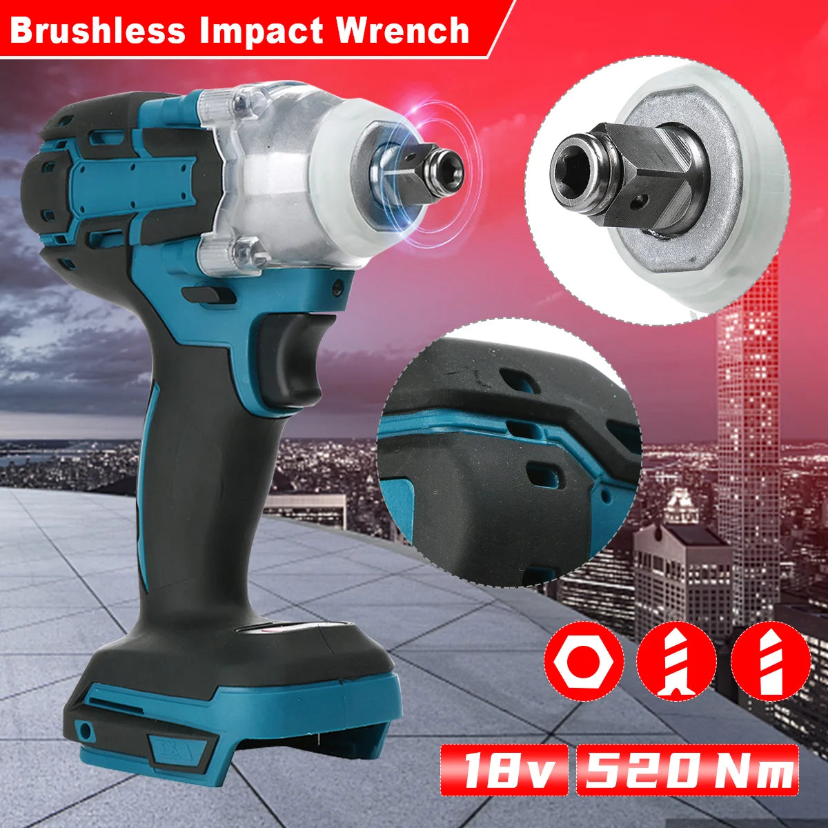 1/2 inch 520NM Brushless Cordless Electric Impact Wrench Power Tools Compatible 18V Battery Wrench with Toolbox Set