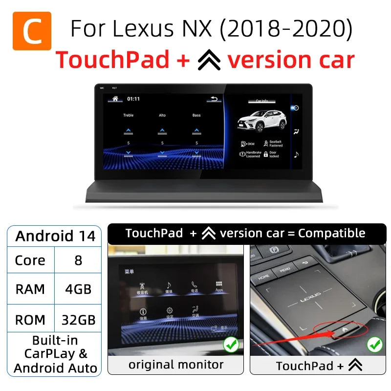 Nunoo Android 14 CarPlay Auto Radio For Lexus NX NX200 NX200T NX300h 2014-2021 Multimedia Navigation GPS DSP 4G WiFi