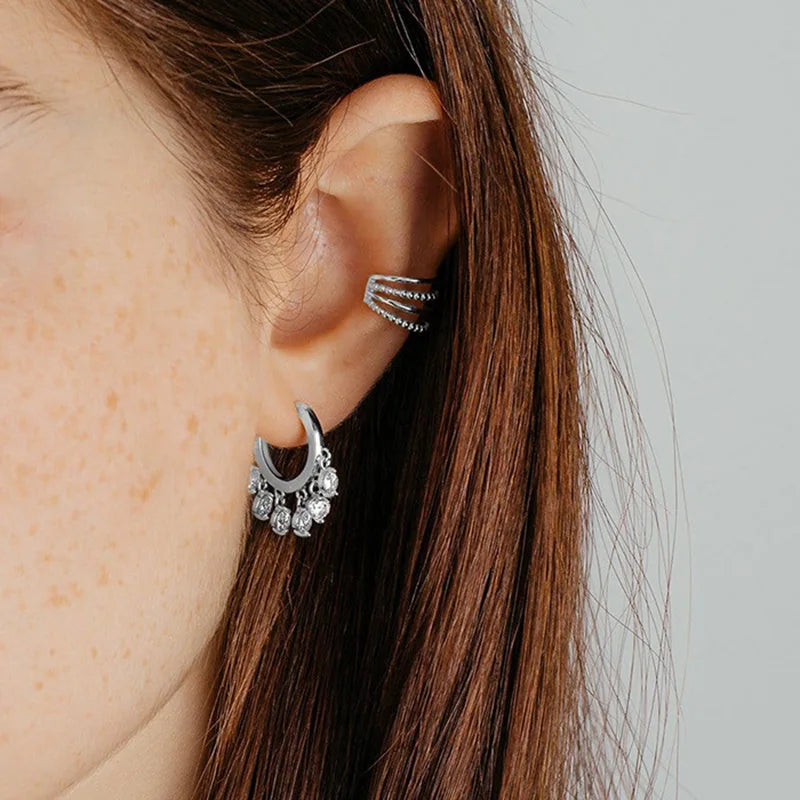 925 Sterling Silver Tassel Hoop Earrings for Women - White Zircon