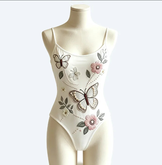 White Butterfly Floral Embroidery Bodysuit Women Spaghetti Strap Ballet Dancewear