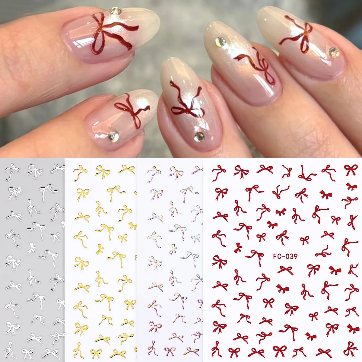New Year's Red Bow Nail Stickers, Self-Adhesive Pink and Gold Ribbon Nail Decorations, Ballet-Style Ribbon Design Nail Decals