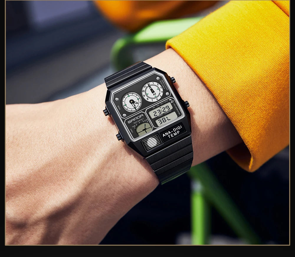 SANDA 3192 Men's Sport Watch – Analog-Digital LED, Waterproof, Stainless Steel